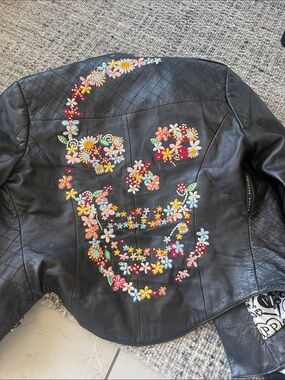 Philipp Plein Black Leather Jacket with Multicolor Floral Skull Embroidery